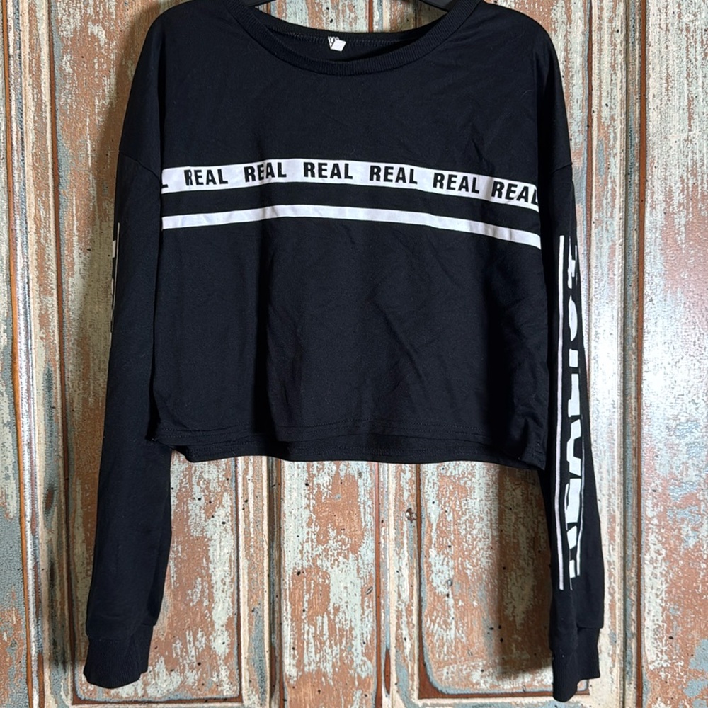 Black&White “Real” Sweater Crop Top Size Large Realist On Both Sleeves